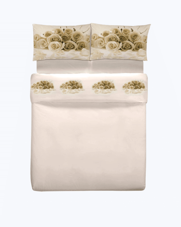 Set Lenzuola in Cotone con Rose - Completo Letto Elegante Beige + Stampa Beige